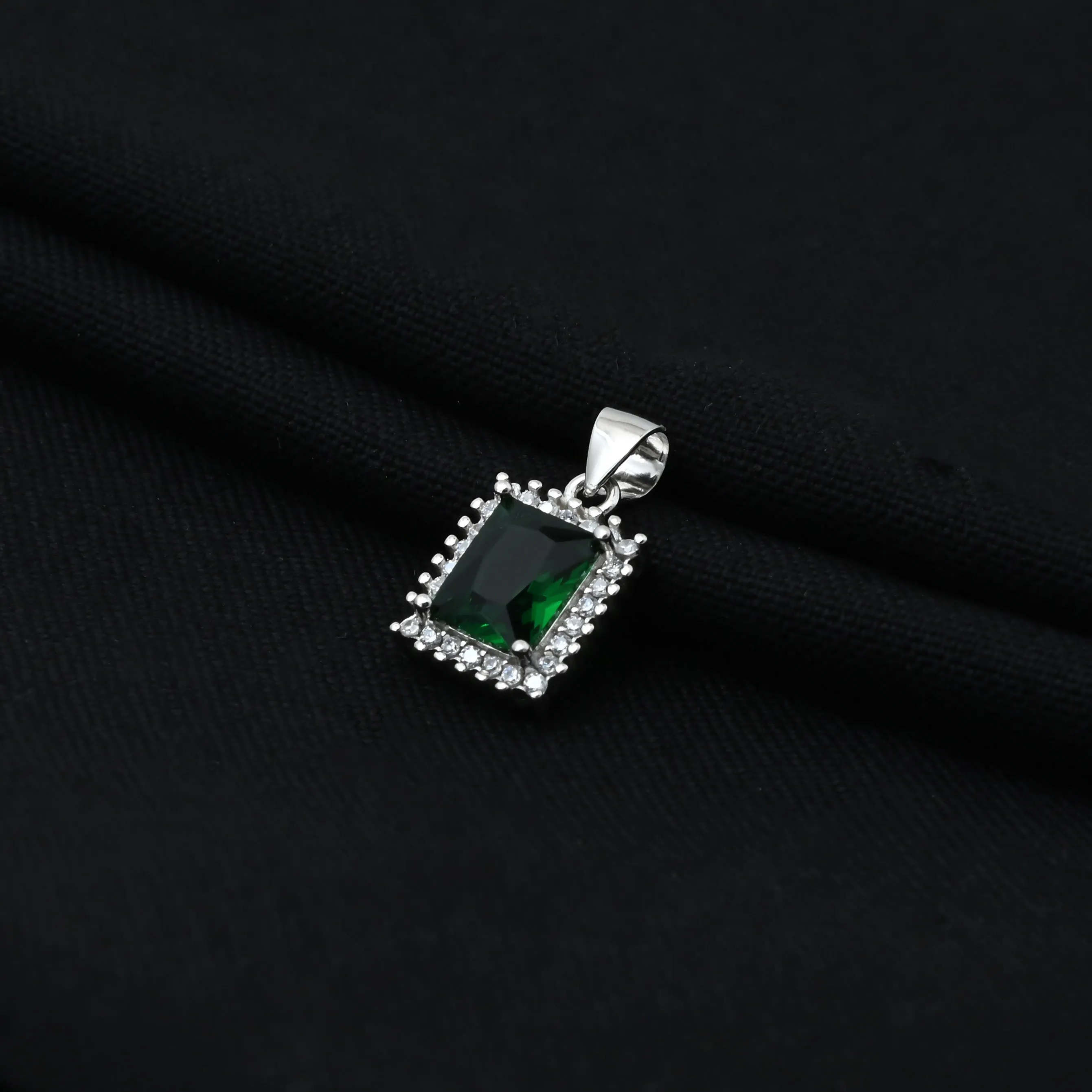 Silver Rectangle Green Gem Stone Pendant for Girls