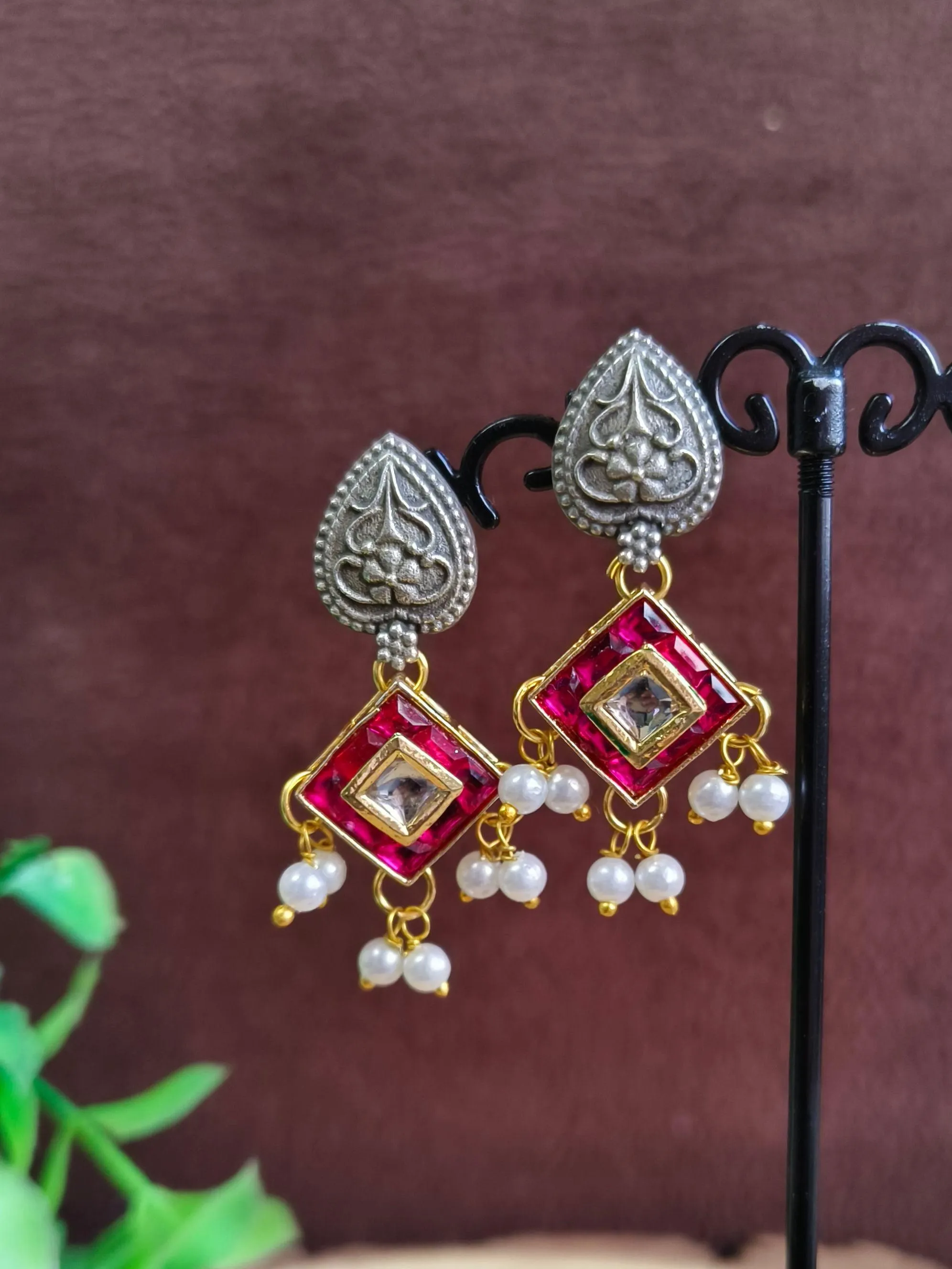 Silver Replica Earrings with Kundan and Pearls for Elegant Style | Sarichka