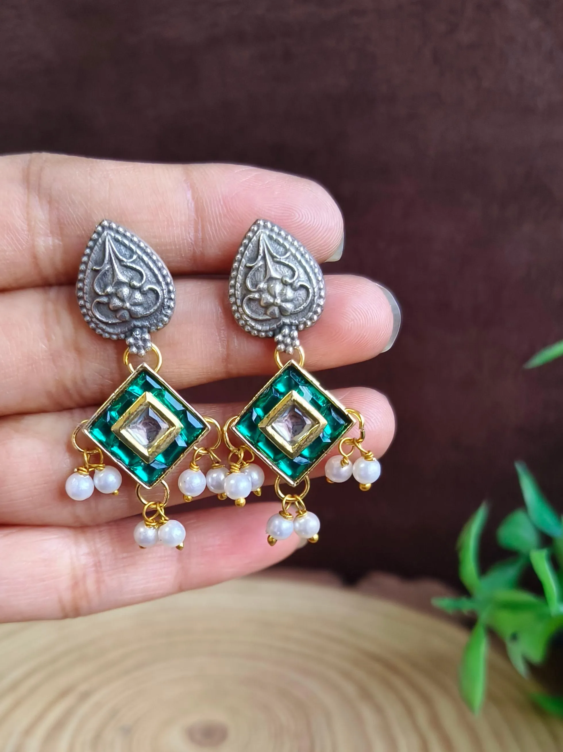 Silver Replica Earrings with Kundan and Pearls for Elegant Style | Sarichka