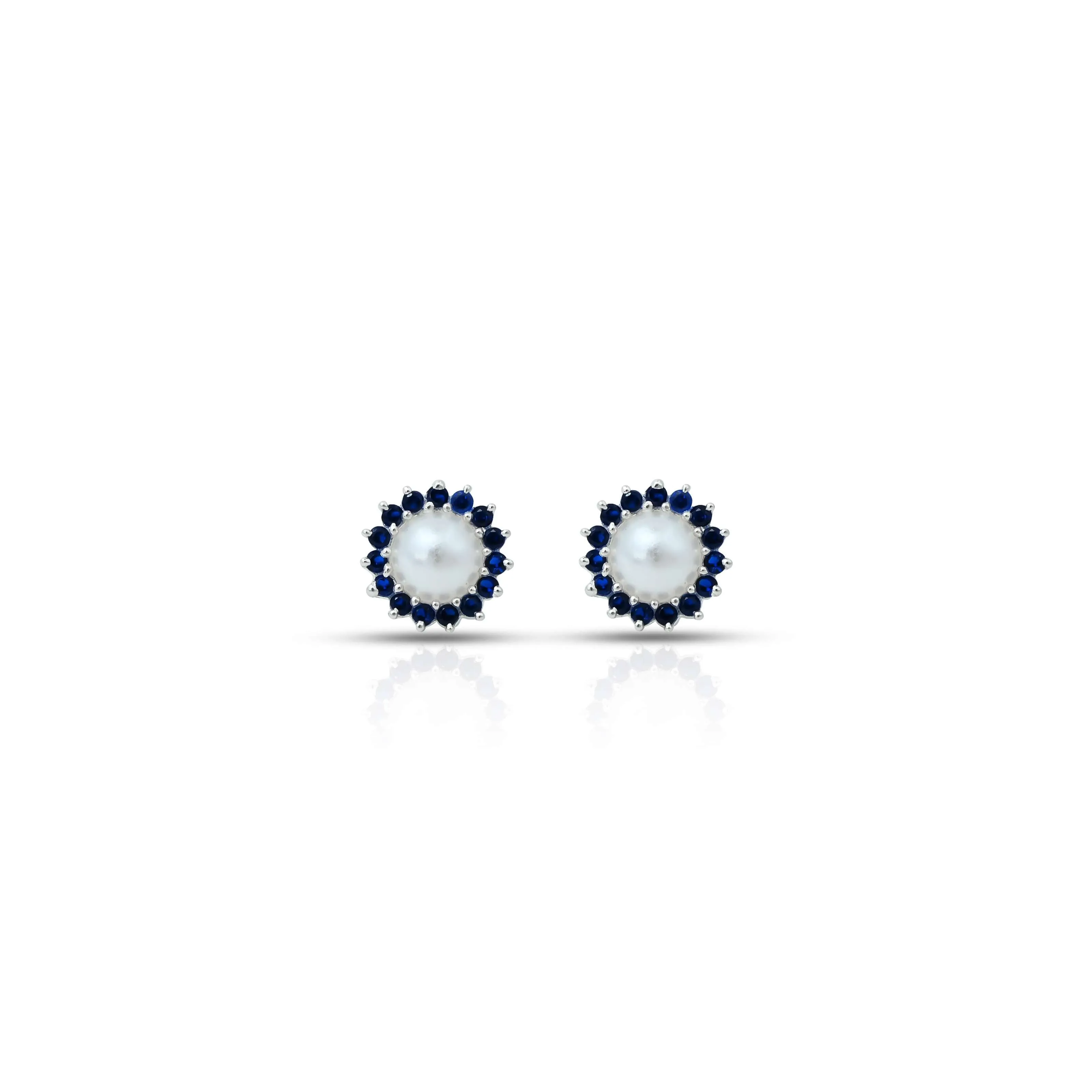 Silver Small Blue Stone on Edge Flower Design Earrings for Girls