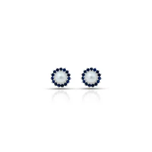 Silver Small Blue Stone on Edge Flower Design Earrings for Girls