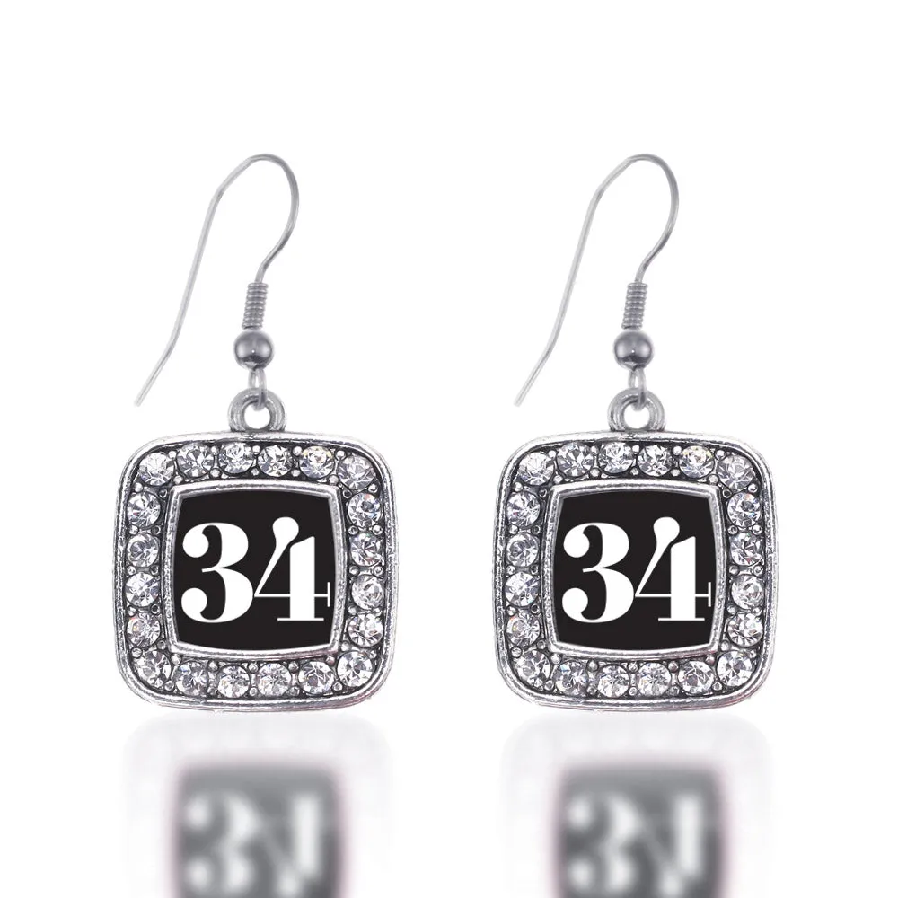 Silver Sport Number 34 Square Charm Dangle Earrings