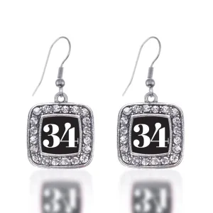 Silver Sport Number 34 Square Charm Dangle Earrings