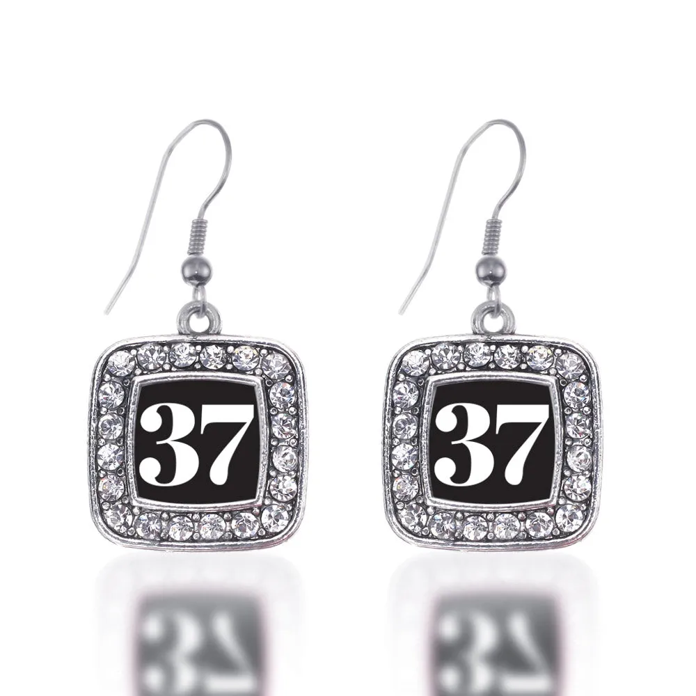 Silver Sport Number 37 Square Charm Dangle Earrings