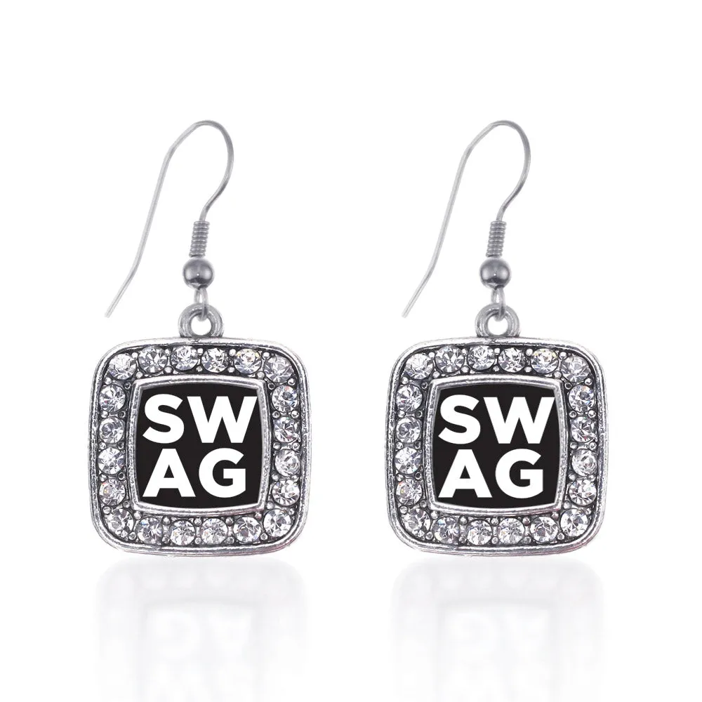 Silver Swag Square Charm Dangle Earrings