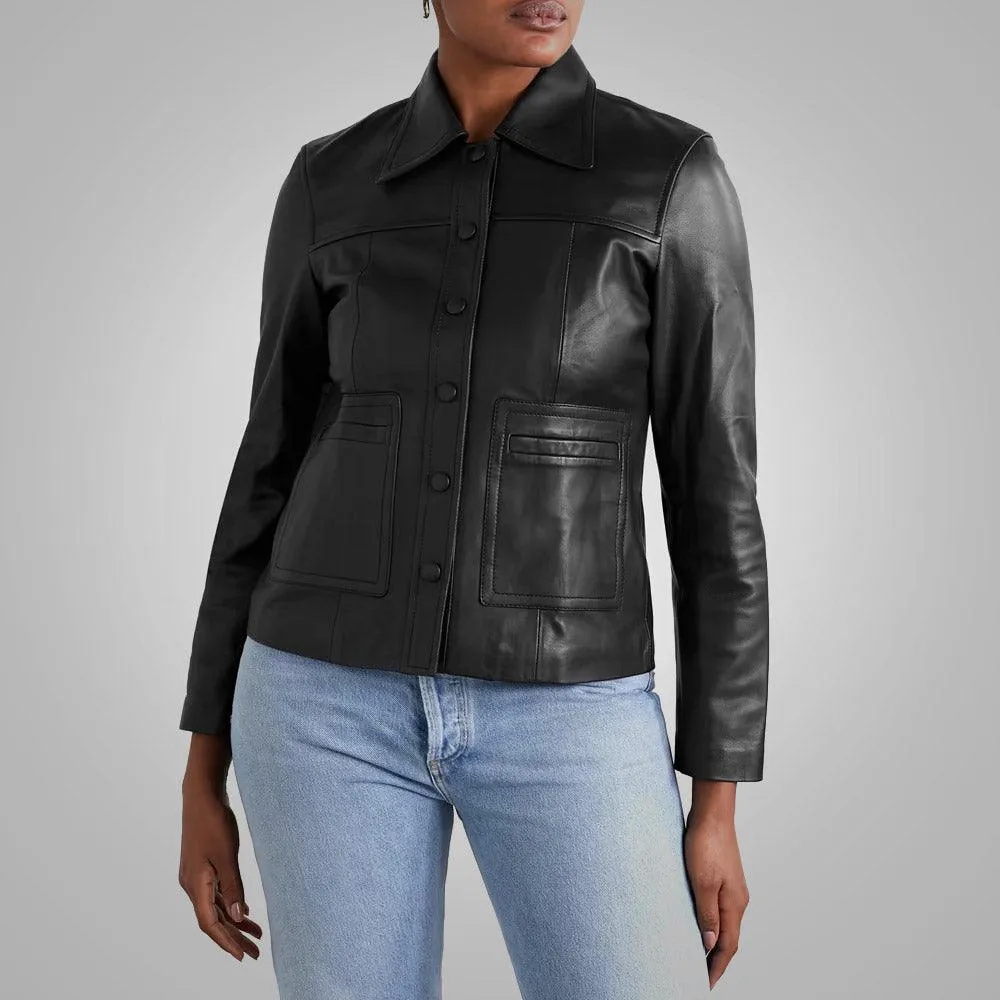 Smooth Simple Buttery Soft Black Leather Shirt For Women