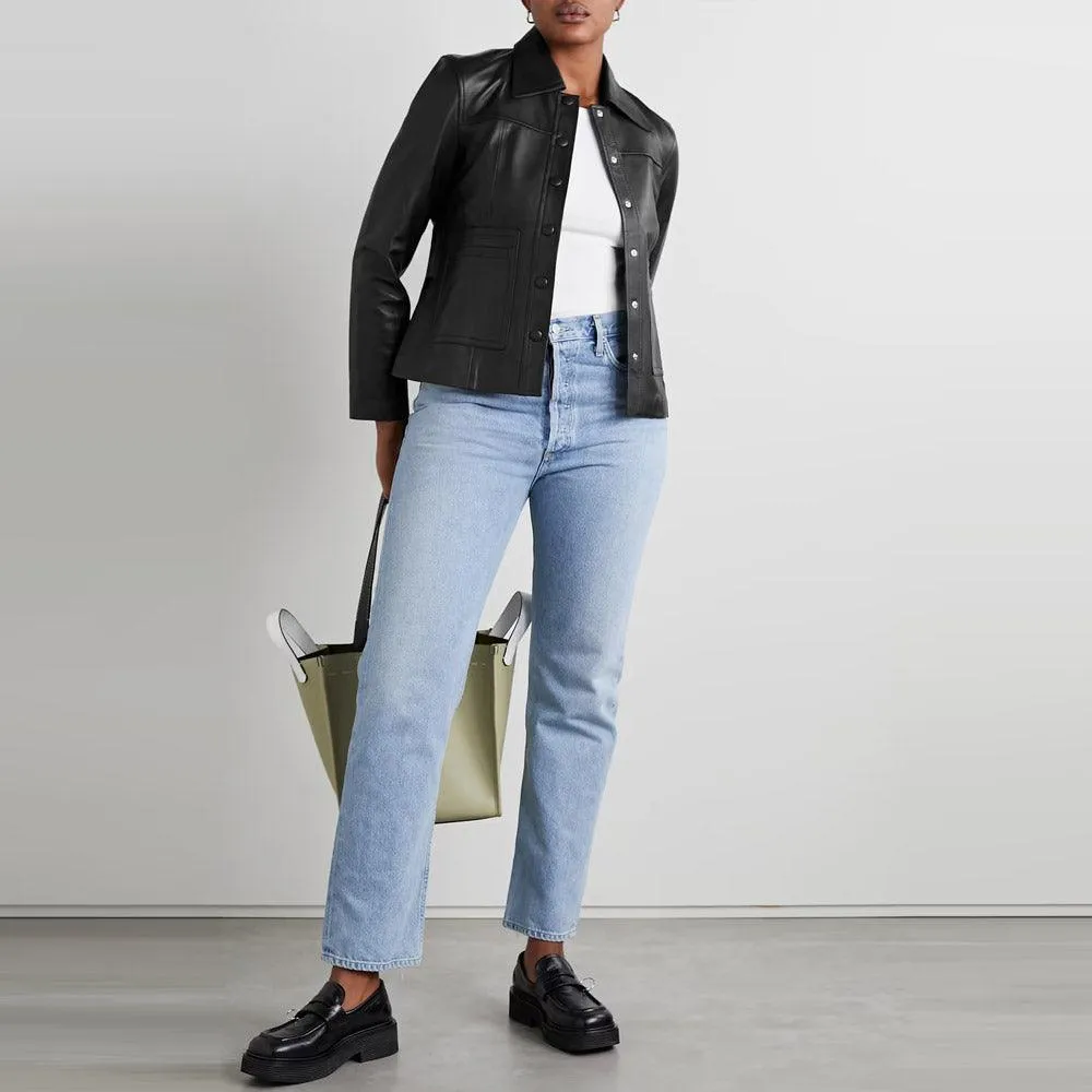 Smooth Simple Buttery Soft Black Leather Shirt For Women