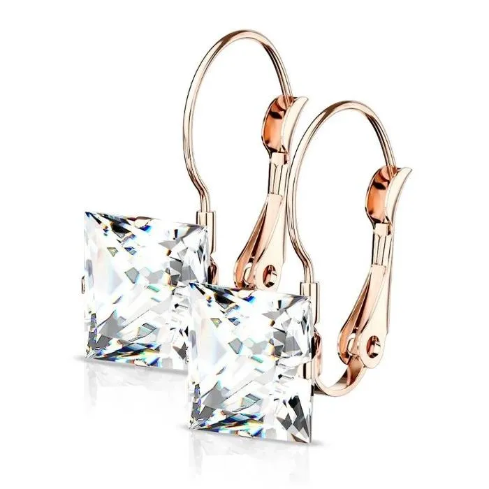 Stainless Steel Square CZ Gem Earrings
