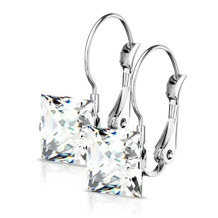 Stainless Steel Square CZ Gem Earrings