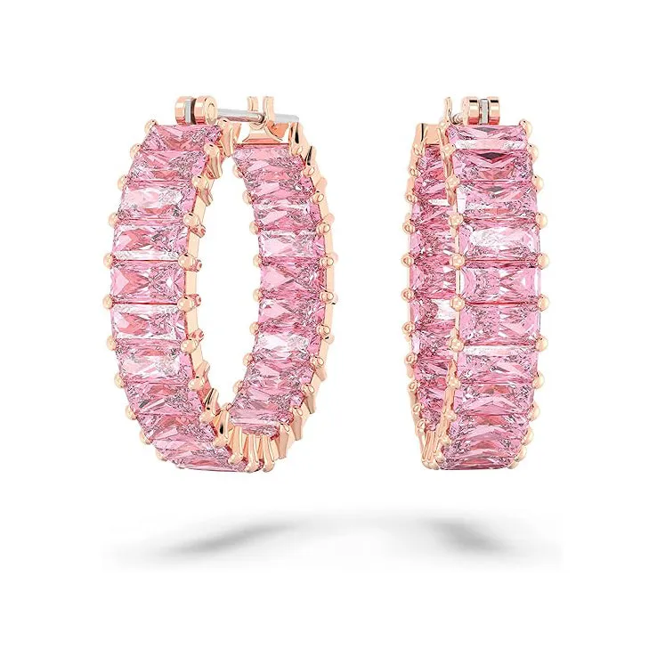 Swarovski Part of the Matrix Collection Women's Pink Baguette-Cut Crystals on Rose Gold-Tone Finished Settings Matrix Hoop Earrings - 5657726