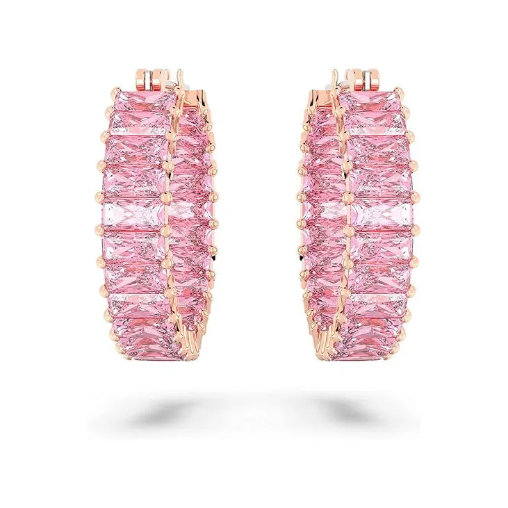 Swarovski Part of the Matrix Collection Women's Pink Baguette-Cut Crystals on Rose Gold-Tone Finished Settings Matrix Hoop Earrings - 5657726