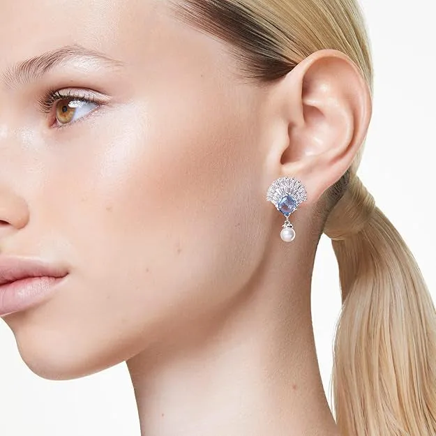 Swarovski Women's Shell Motif With Blue Crystals Clear Stones And Crystal Pearls In A Rhodium-Finished Setting Idyllia Drop Earrings - 5680301