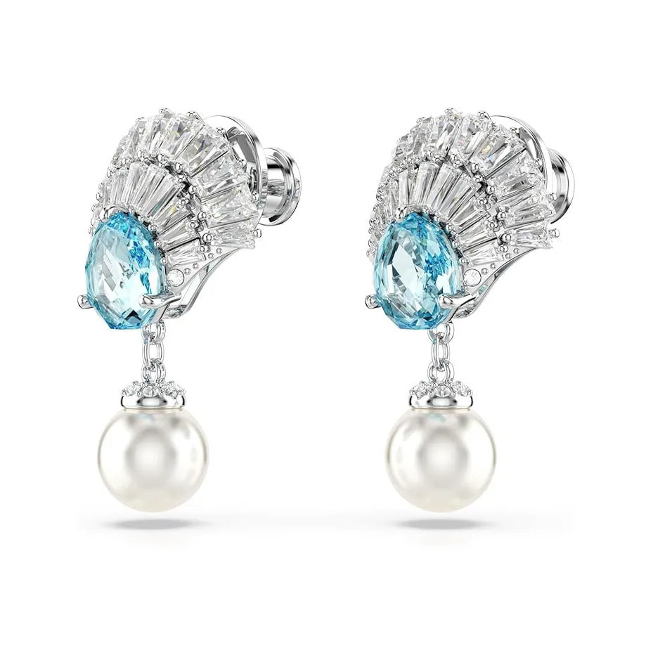 Swarovski Women's Shell Motif With Blue Crystals Clear Stones And Crystal Pearls In A Rhodium-Finished Setting Idyllia Drop Earrings - 5680301