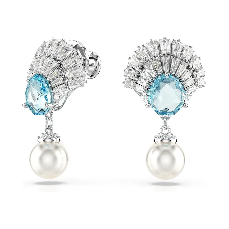Swarovski Women's Shell Motif With Blue Crystals Clear Stones And Crystal Pearls In A Rhodium-Finished Setting Idyllia Drop Earrings - 5680301