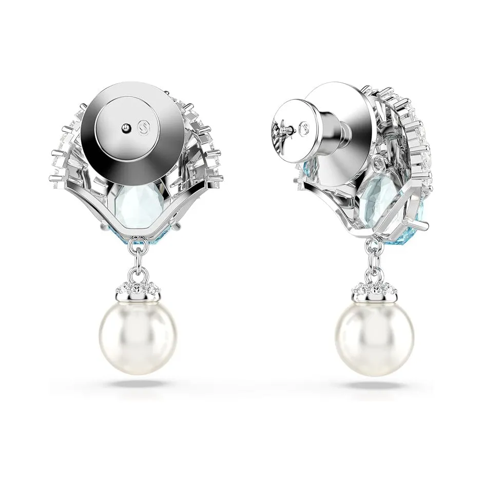 Swarovski Women's Shell Motif With Blue Crystals Clear Stones And Crystal Pearls In A Rhodium-Finished Setting Idyllia Drop Earrings - 5680301
