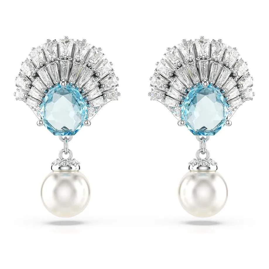 Swarovski Women's Shell Motif With Blue Crystals Clear Stones And Crystal Pearls In A Rhodium-Finished Setting Idyllia Drop Earrings - 5680301