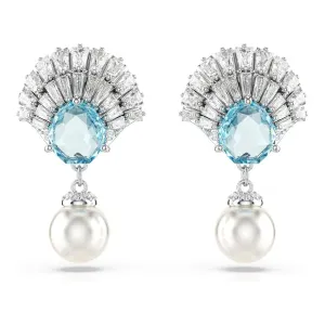 Swarovski Women's Shell Motif With Blue Crystals Clear Stones And Crystal Pearls In A Rhodium-Finished Setting Idyllia Drop Earrings - 5680301