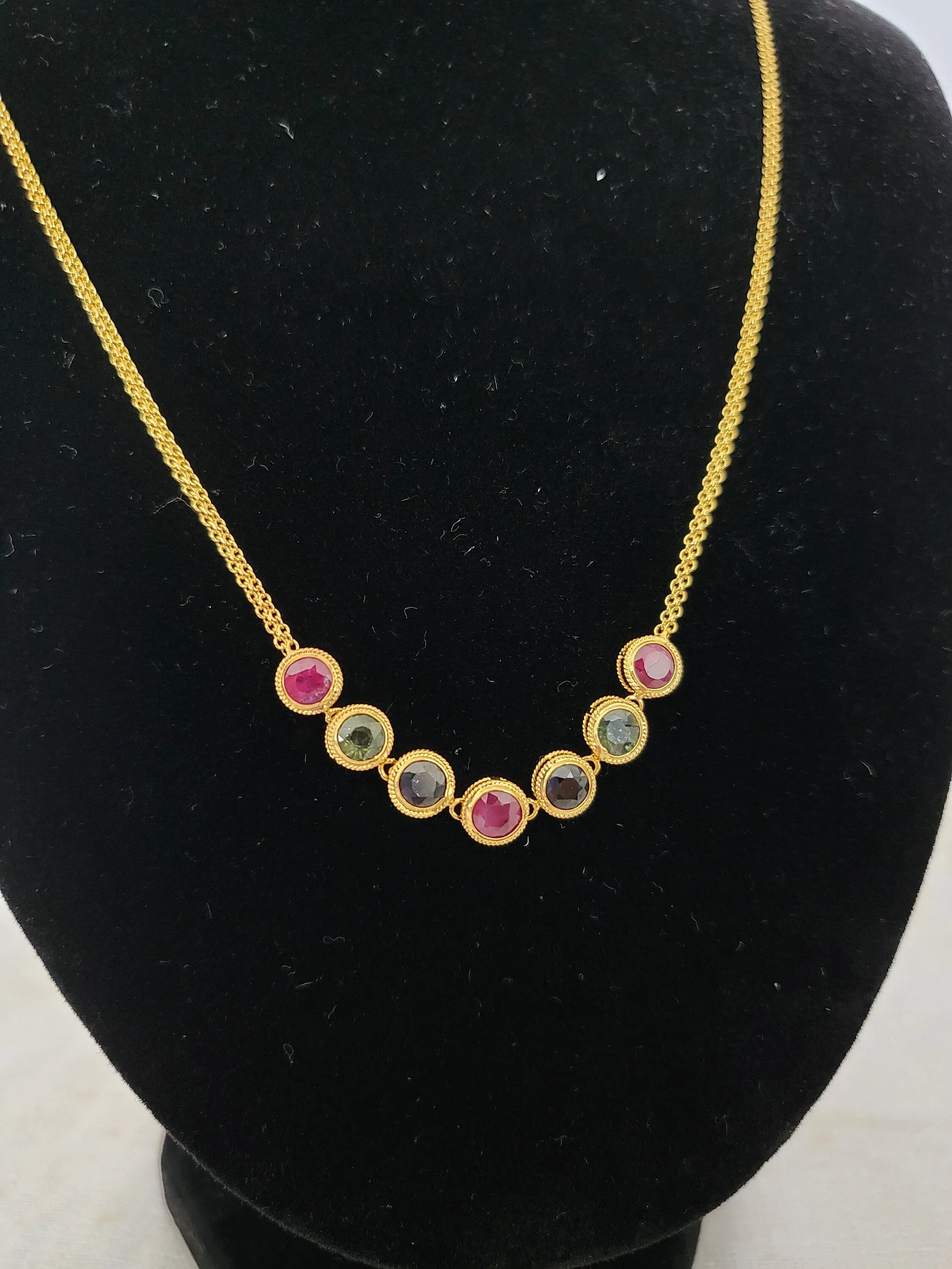 Thai Design Natural 18K Gold Burma Ruby Sapphire Necklace Rare Gemstone Dainty