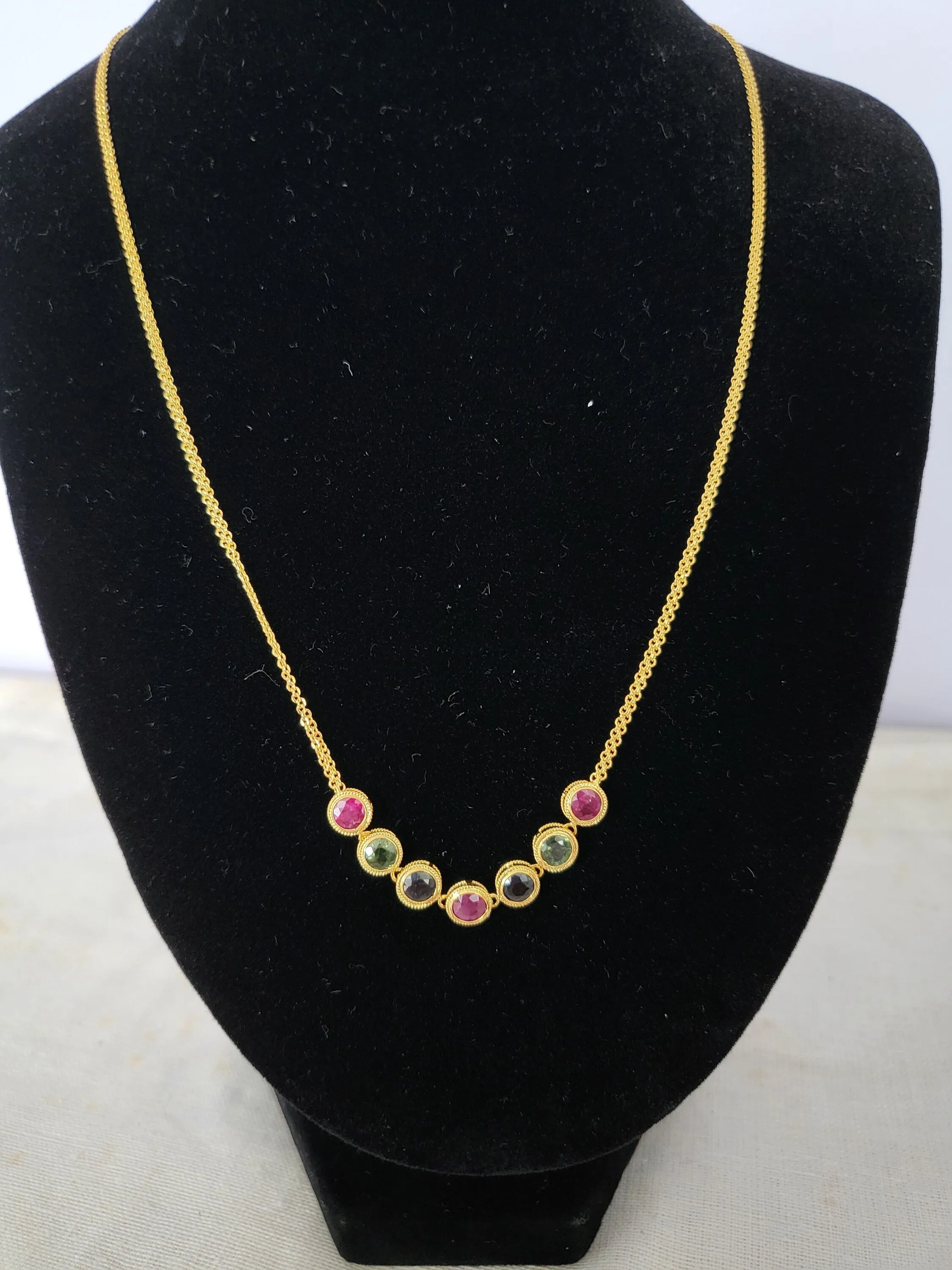Thai Design Natural 18K Gold Burma Ruby Sapphire Necklace Rare Gemstone Dainty