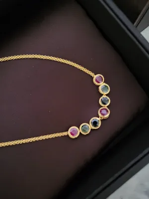Thai Design Natural 18K Gold Burma Ruby Sapphire Necklace Rare Gemstone Dainty