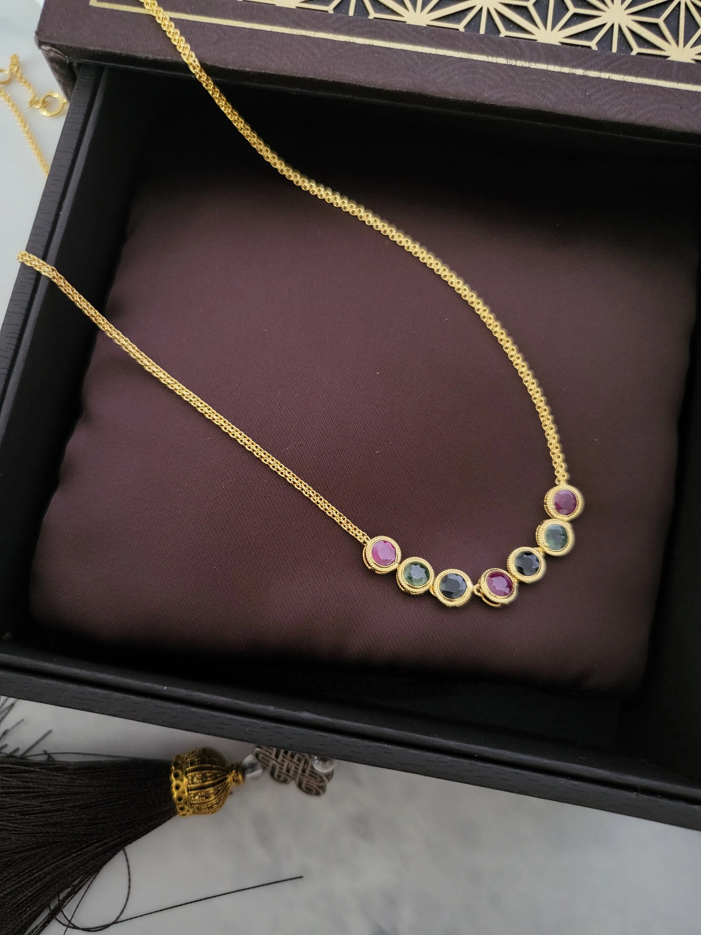 Thai Design Natural 18K Gold Burma Ruby Sapphire Necklace Rare Gemstone Dainty
