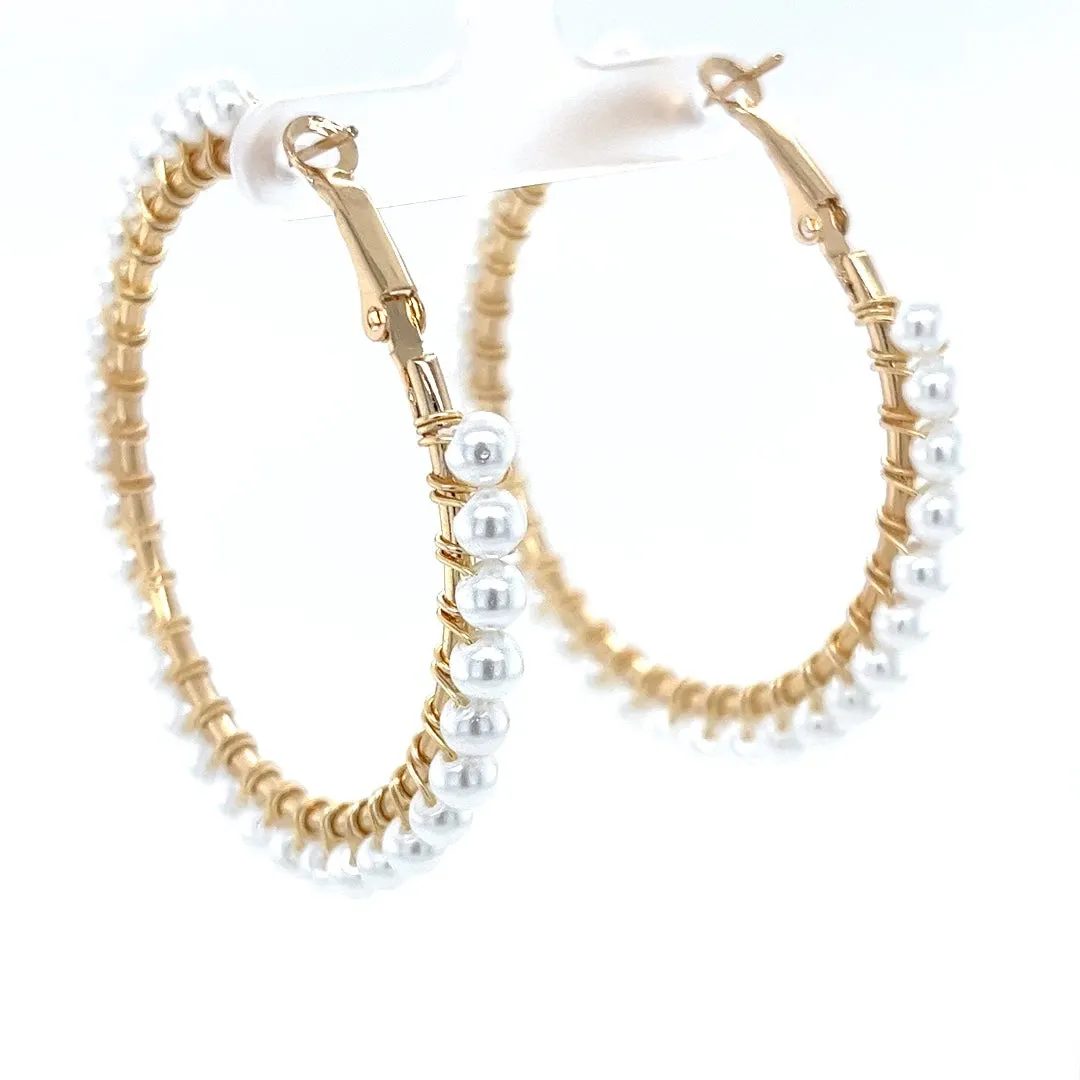 White Beaded Gold Hoop Earrings Large