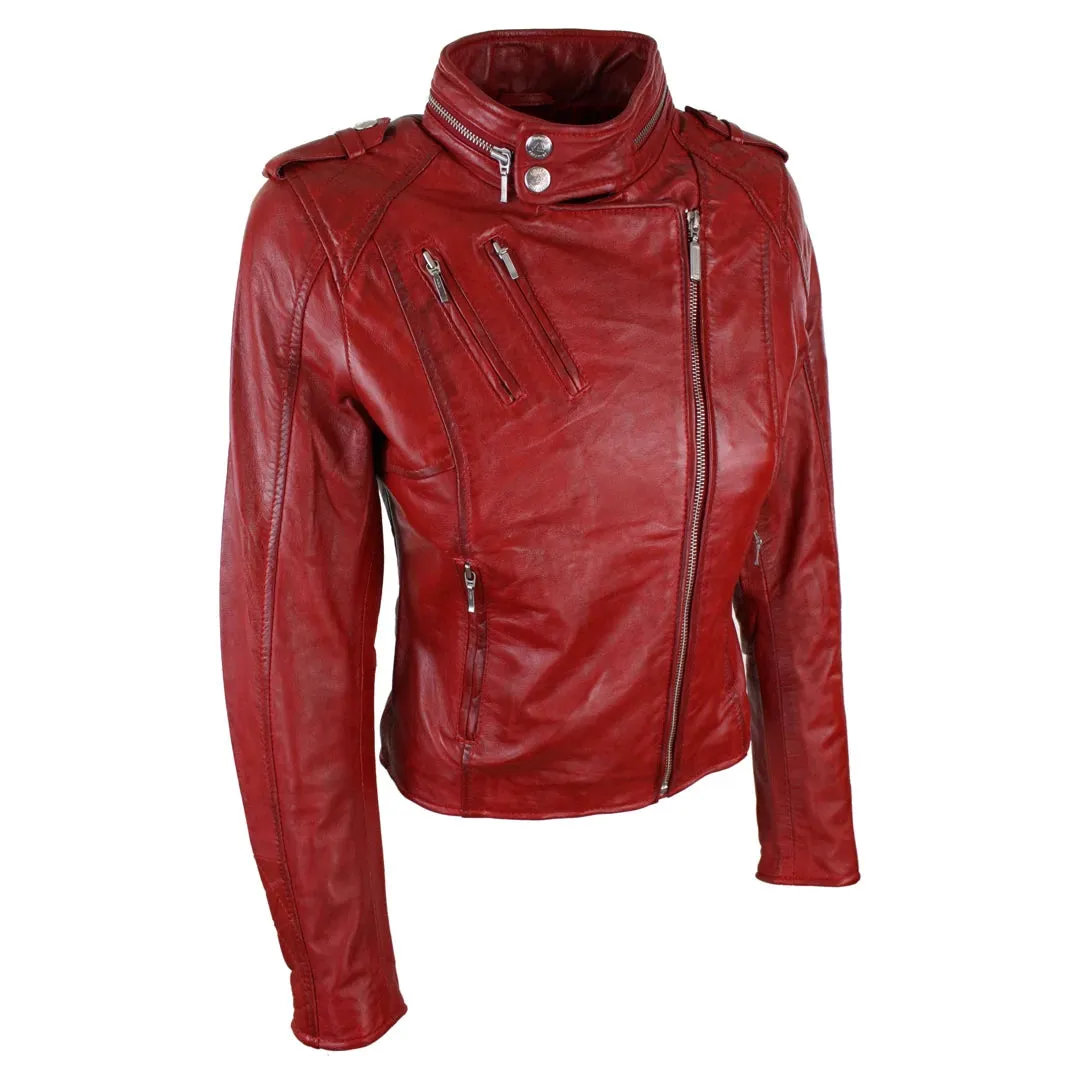 Women's Leather Red Biker Jacket Velvet Lining