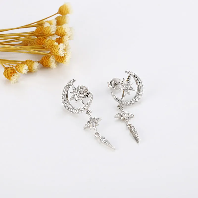 Zircon Moon Star Tassel Silver Drop Earrings for Women